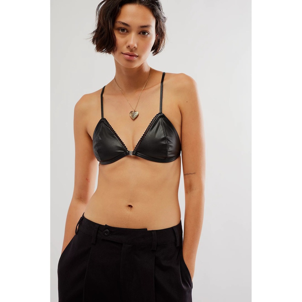 Free People Intimately Bralette Wannabe Black S Faux Leather Scalloped Triangle